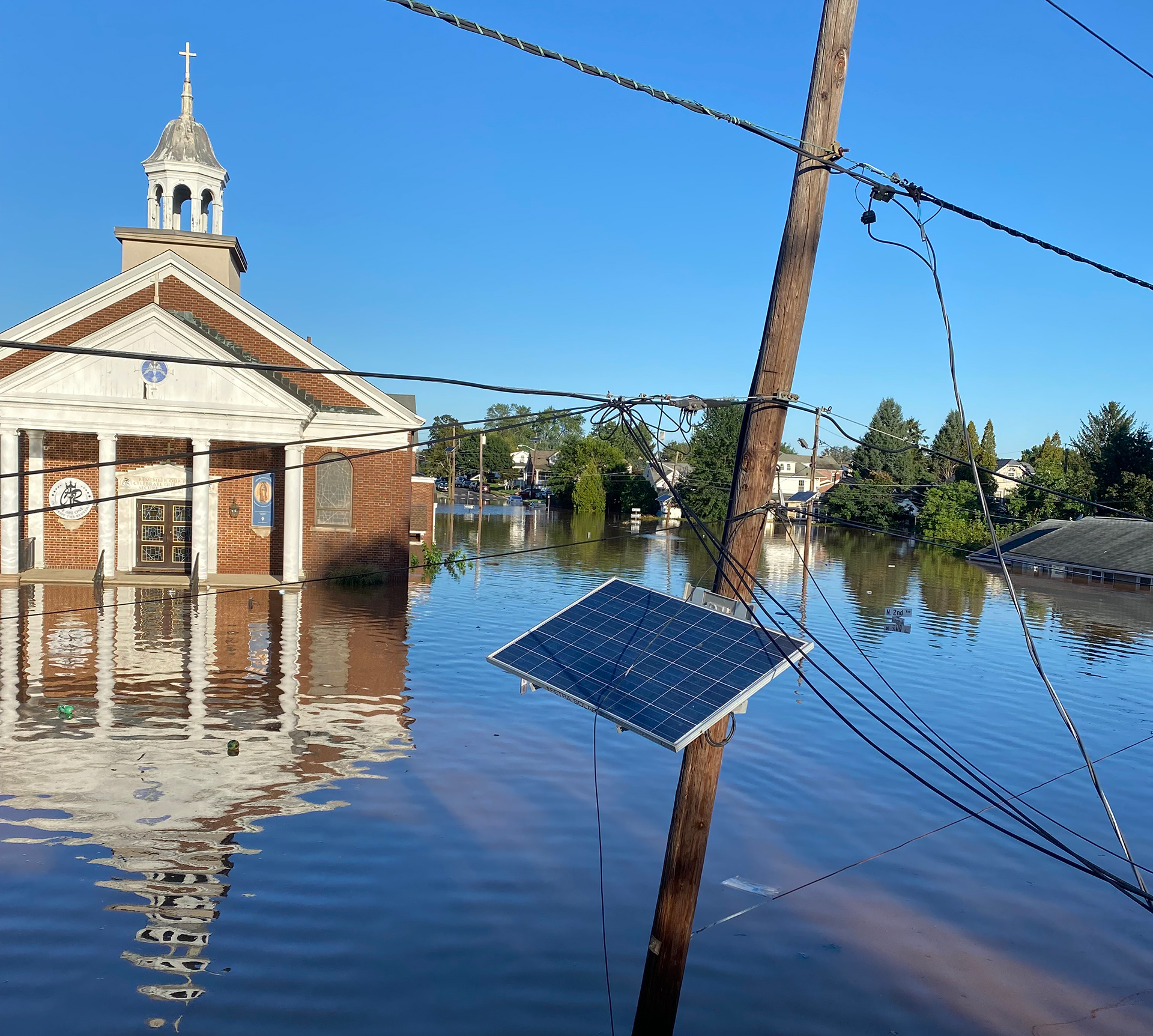 Christ the Redeemer Roman Catholic Church in Manville surrounded by flood waters on Sept. 2, 2021. (Photo by Kaylee Sugot)