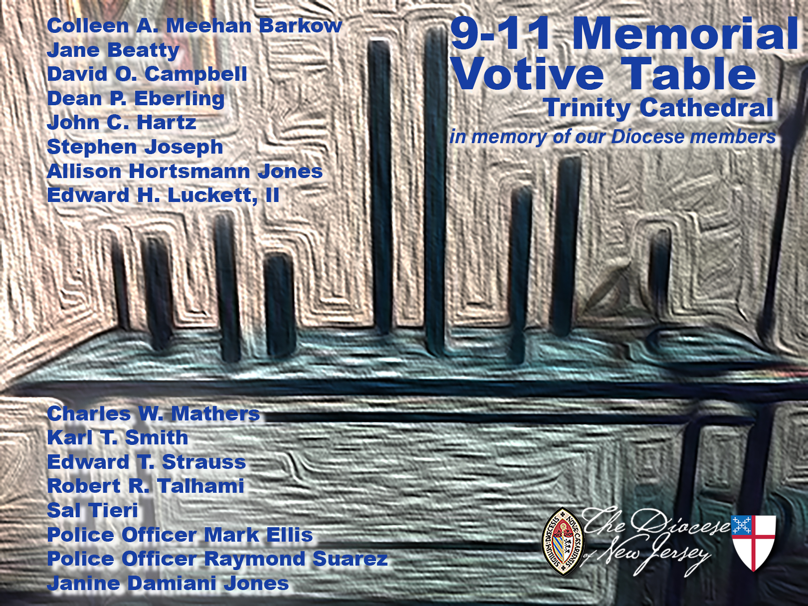 Photo illustration of the 9-11 Memorial Votive Table in Trinity Cathedral. The sculpture and candles honor the memory of Diocese members and friends killed 21 years ago in the terrorist attacks at the World Trade Center.