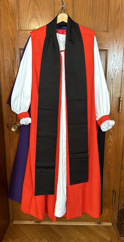 Some of the bishop vestments that have begun arriving at Diocesan House for the Bishop-Elect French